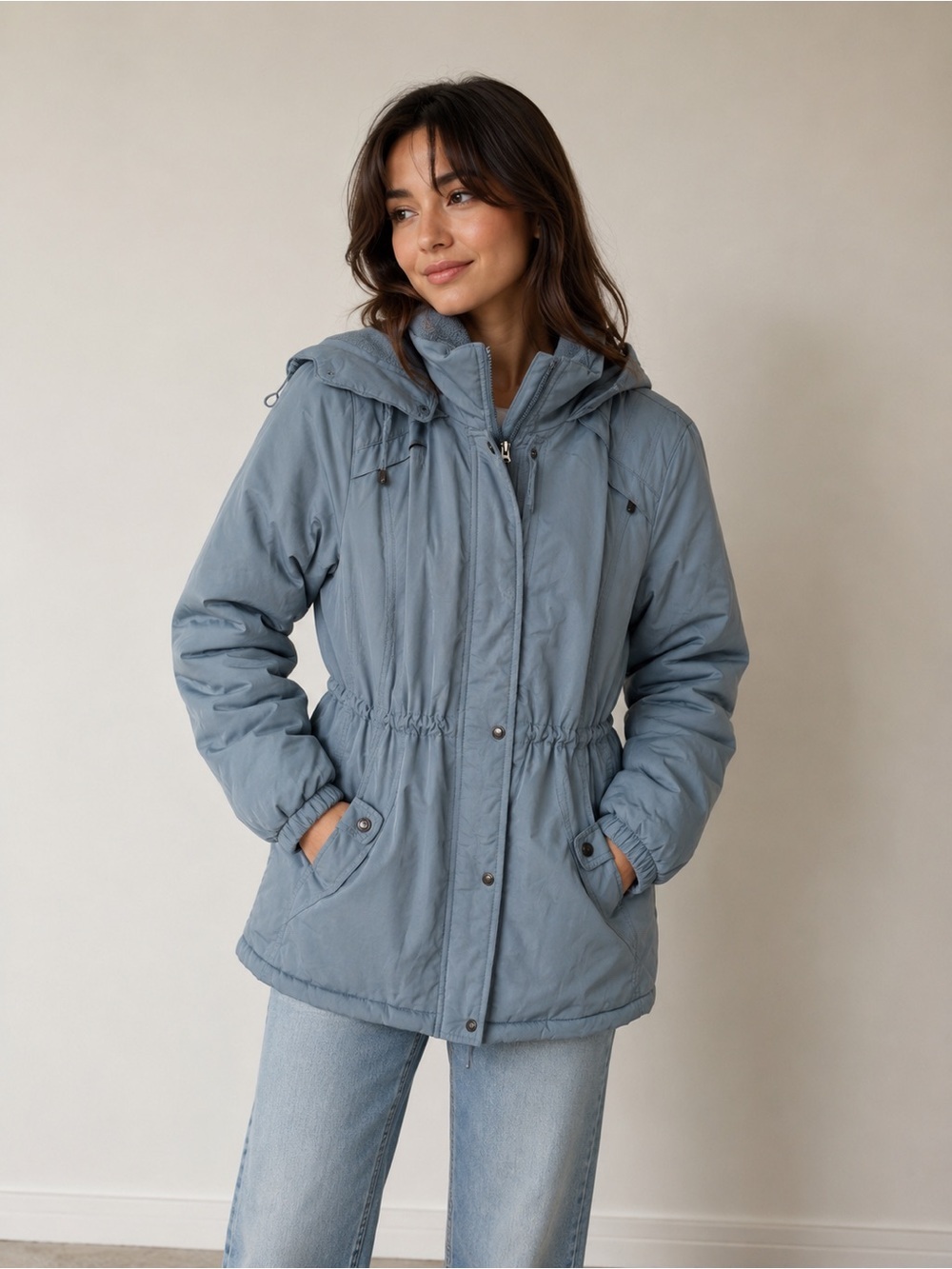 Giacca Blue Gray Hooded Winter Coat Jacket Size Large